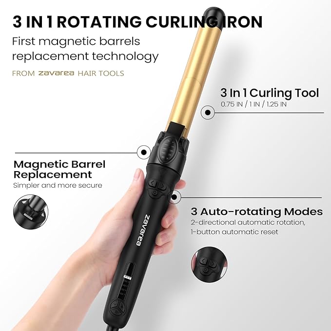 Rotating Curling Iron 3 in 1 Set, Automatic Curling Wand with 3 Interchangeable Ceramic Barrels(0.75" - 1.25"), Instant Heating Hair Culer with 5 Adjustable Temp, Include Heat Resistant Glove & Clips
