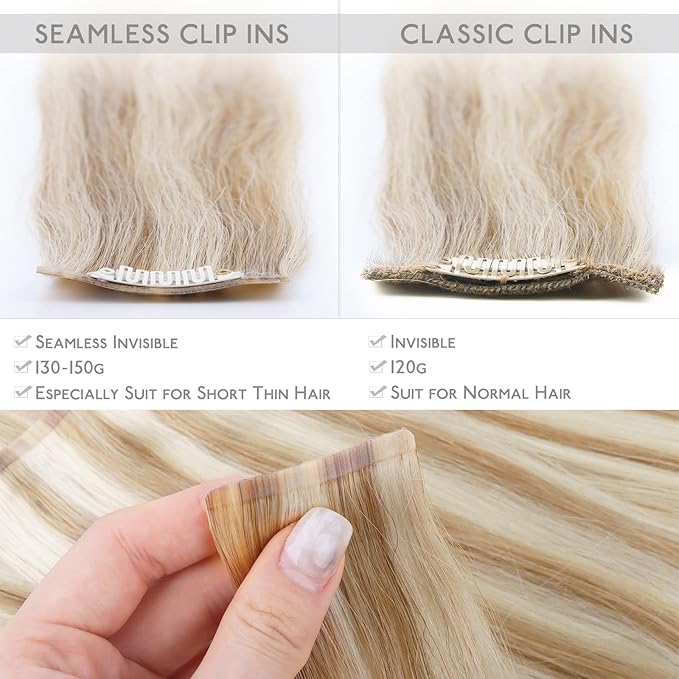 WENNALIFE Seamless Clip In Hair Extensions, 14 Inch 130g 7pcs Dirty Blonde Highlighted Bleach Blonde Hair Extensions Clip in Human Hair Invisible PU Skin Weft Natural Remy Human Hair Extensions