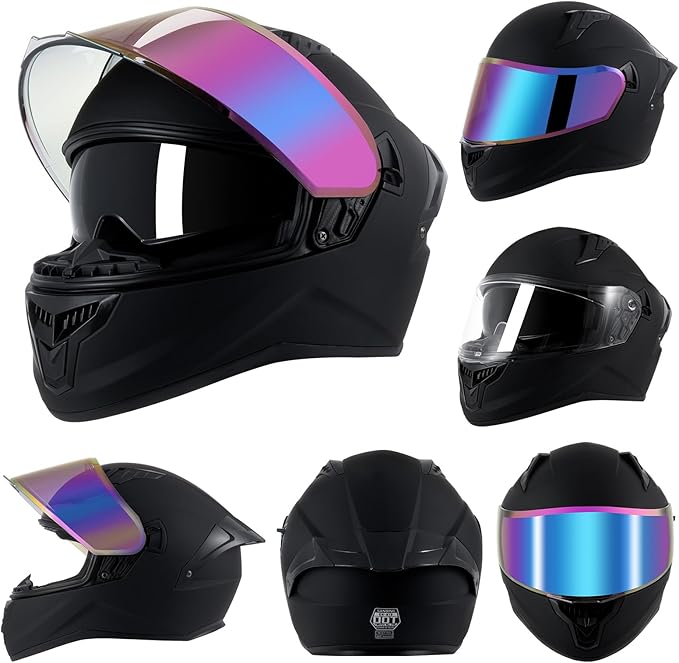 Full Face Motorcycle Helmets for Adult Men Women, DOT Approved Street Bike Racing Helmet Dual Visor Quick Release Buckle, Motorbike ADV Moped Helmet with Extra Clear Visor