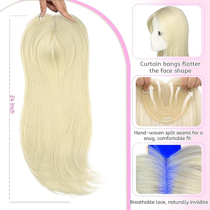 Isaic 24 Inch Synthetic Hair Toppers for Women with Thinning Hair, Clip In Crown Topper Hair Extensions with Adjustable Bandage, Layered Wiglet for Natural Coverage (Platinum Blonde)