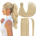 Ve Sunny Hair Extensions Ponytail Real Human Hair Wrap Around Clip in Ponytail Hair Extensions Straight Extensions Human Hair for Women Strawberry Honey Blonde Highlights Bleach Blonde 20inch 80G