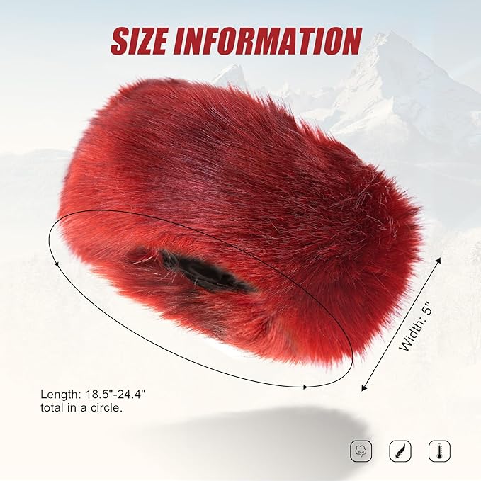 Faux Fur Headband for Women Elastic Fuzzy Thick Earmuffs Winter Headwrap Ear Muffs Furry Ear Warmers Cold Weather (Red)