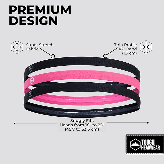 Tough Headwear Athletic Headband Set - Thin Headbands for Women - Elastic Sport Hair Bands Men - Skinny Sports Hairbands - Non Slip Athletic Head Bands for Sports - Black