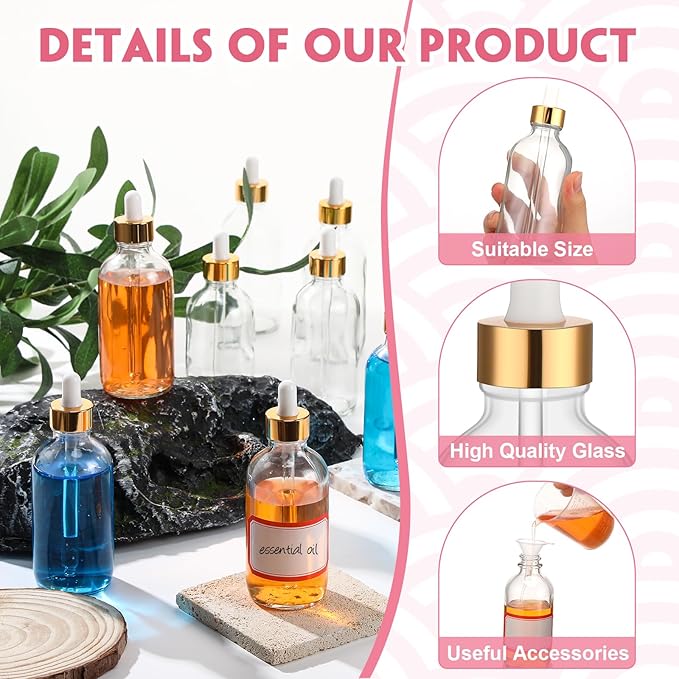 Dandat 50 Pack 4 oz Glass Dropper Bottles Leakproof 120 ml Glass Tincture Bottles with Eye Droppers, 4 Funnels, 54 Labels for Essential Oil Perfumes Hair Oil(Clear)