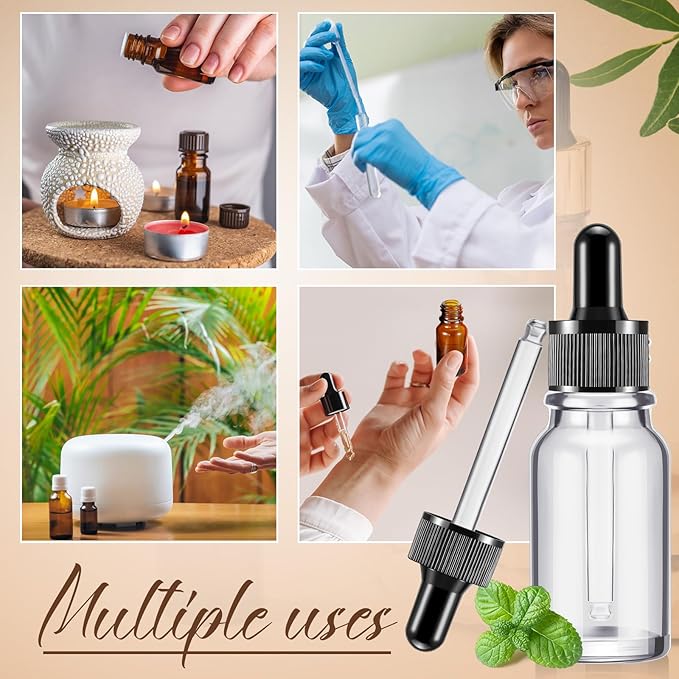 Lallisa 100 Pack Essential Oil Dropper Bottle 15 ml (1/2 Oz) Glass Dropper Bottles DIY for DIY Essential Oil Perfume with 5 Funnels 5 Pipettes 3ml 100 Labels for Bathrooms, Hotels, Labs (Clear)