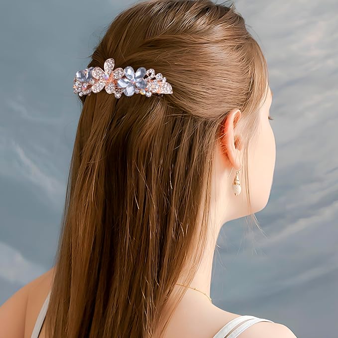 Joez Wonderful Rhinestone Hair Clip Sparkly Crystal Barrettes French Wedding Prom Engagement Pageant First Communion Hair Decorative Accessories for Women Bride Thick Long Hair (Flower White, 1 Pcs)