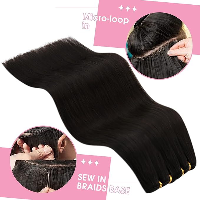 YoungSee Human Hair Sew in Extensions Darkest Brown Hand Tied Weft Hair Extensions Human Hair Dark Brown Sew in Hair Extensions Short Straight Hair 14Inch 70G