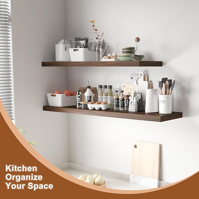 12 Inch Deep Floating Shelves for Wall 2 Pack Floating Shelves Large Storage Space Wall Mount Shelf for Living Room Kitchen Bathroom 24" W x 12" D x 1.2" H Walnut