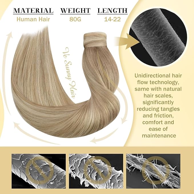 Ve Sunny Hair Extensions Ponytail Real Human Hair Wrap Around Clip in Ponytail Hair Extensions Straight Extensions Human Hair for Women Dark Blonde Highlights Golden Blonde 18inch 80G