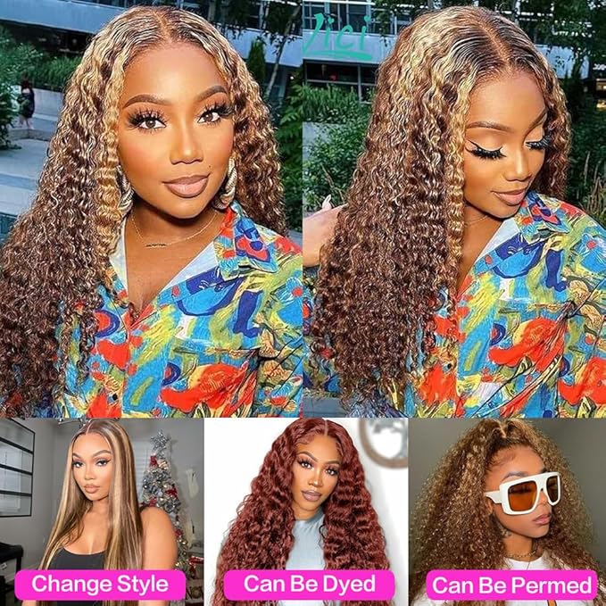 30inch Highlight Ombre Lace Front Wig Human Hair 13x6 HD Honey Blonde 4/27 Deep Wave Lace Frontal Wigs Glueless Wigs Human Hair (4/27 Honey Blonde, 34inch)