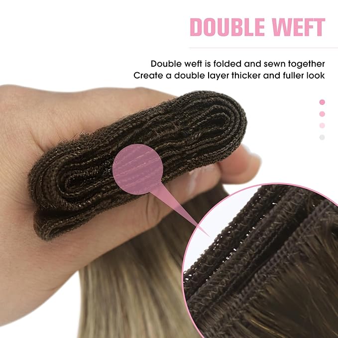 YoungSee Sew in Hair Extensions Real Human Hair Ombre Human Hair Weft Extensions Walnut Brown to Light Brown with Blonde Hair Extension Sew in for Women 24inch 100g