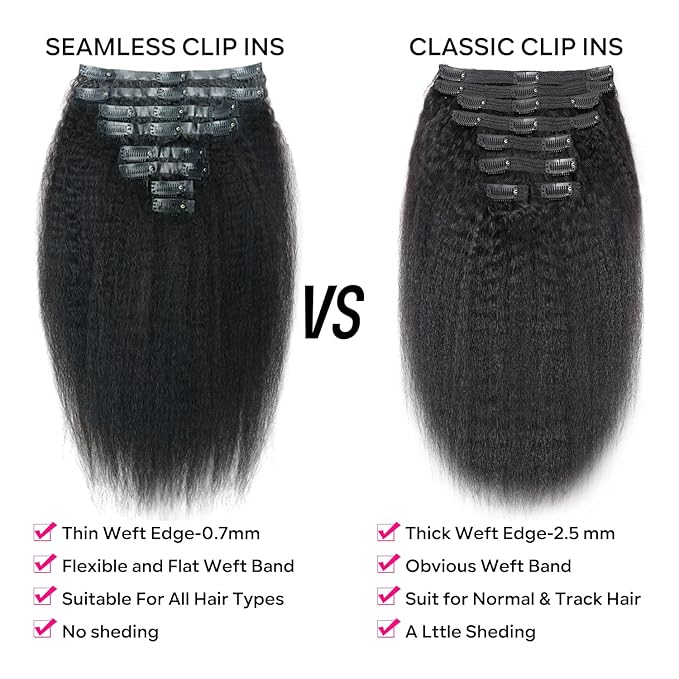 Seamless Kinky Straight Clip in Hair Extensions for Black Women Brazilian Virgin Human Hair Extensions 8Pcs Seamless Clip ins Human Hair with 18Clips Invisible PU Skin Weft 120g 16inch Natural Black