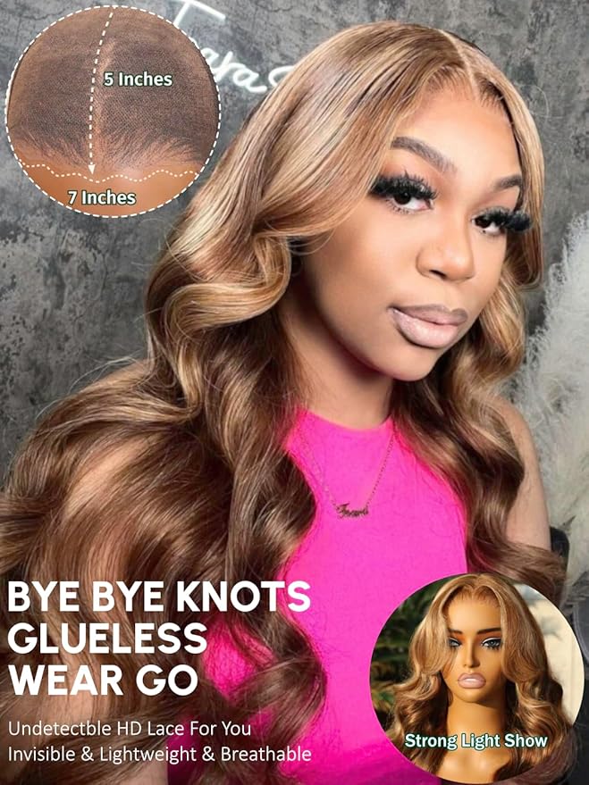 KLAIYI Bye Bye Knots Glueless Wig Highlight Blonde Body Wave Pre Cut 7x5 HD Lace Front Wigs Human Hair Pre Plucked Pre Bleached Pre Everything Wear and Go Wig 12A Ombre Brown 30S Ready To Wear 16Inch