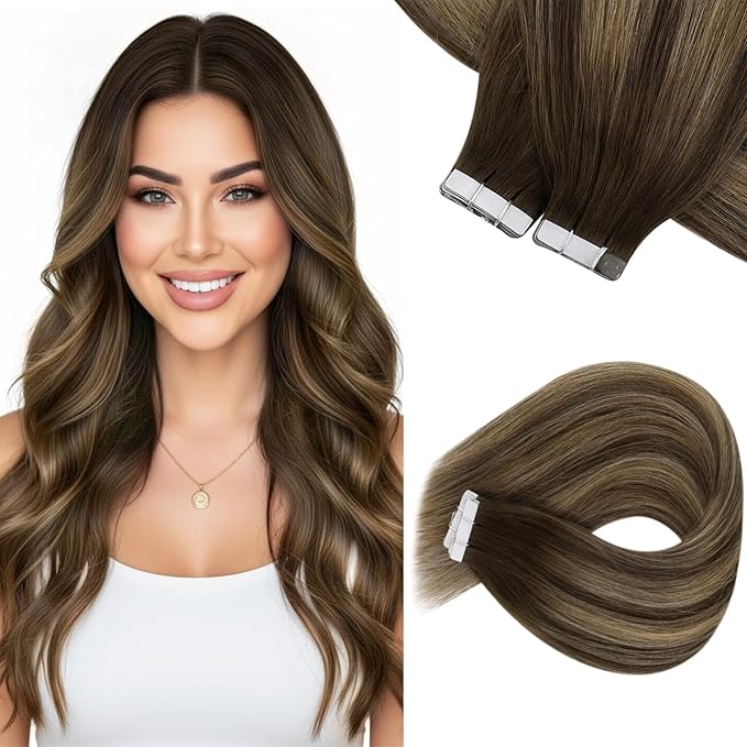 Sunny Hair Tape in Extensions for Women Real Hair 14 inch 100g Tape in Hair Extensions Human Hair Dark Brown Balayage Caramel Blonde Hair Extensions Tape in 40Pcs