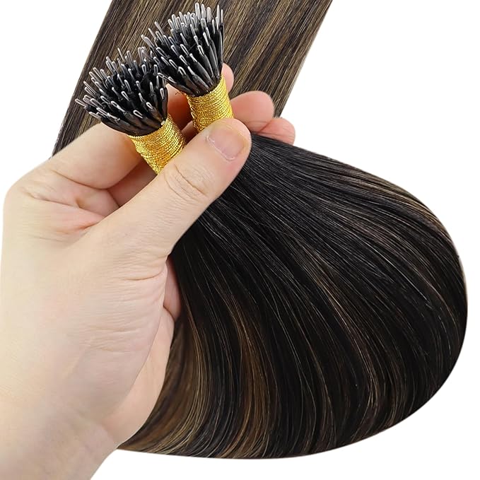YoungSee Nano Hair Extensions Human Hair Brown Nano Bead Hair Extensions Human Hair Balayage Nanolink Hair Extension Dark Brown Ombre Medium Browns Nano-Tip Hair Extension 14inch 50s 50g