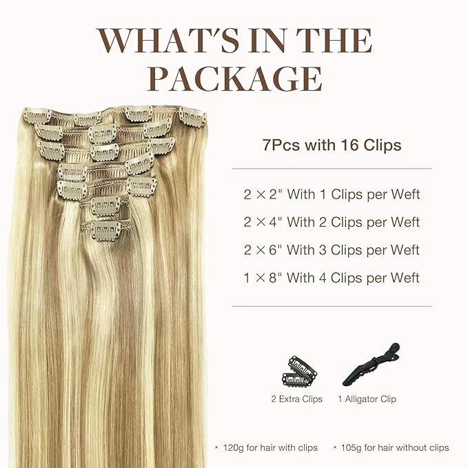 GOO GOO Clip in Hair Extensions Real Human Hair, Remy Human Hair Extensions Clip ins for Women, Natural Human Hair, 26inch 180g 7Pcs, #16/22 Light Blonde Highlighted Golden Blonde