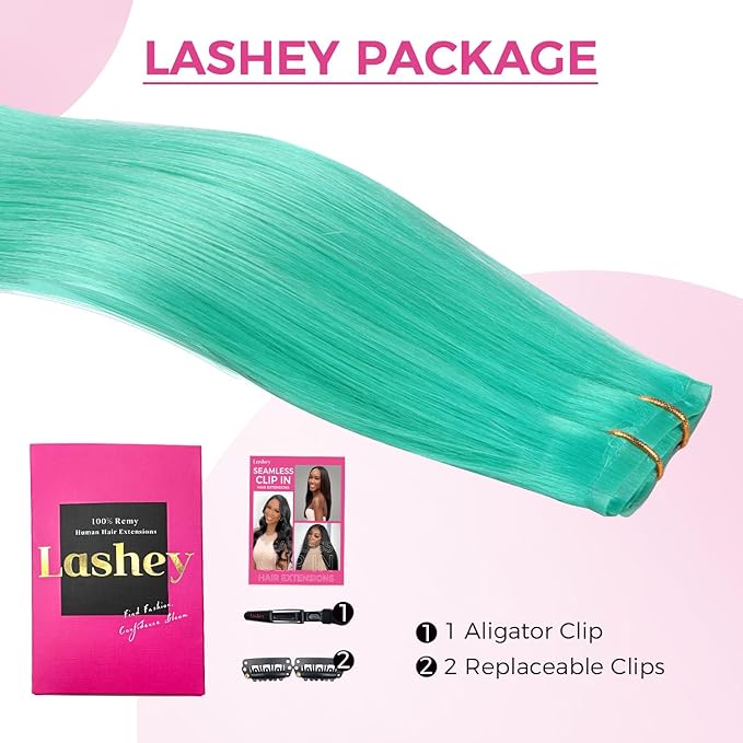 Lashey Seamless Clip in Hair Extensions Human Hair 4pcs 37g Green 14 Inch Straight Hair Extensions Clip ins with PU Soft Invisi Edge