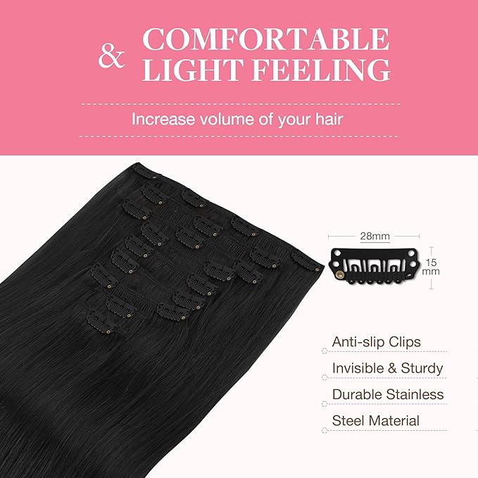 GOO GOO Clip in Hair Extensions Real Human Hair, Remy Human Hair Extensions Clip ins for Women, Natural Human Hair, 22inch 150g 9Pcs, 1 Jet black