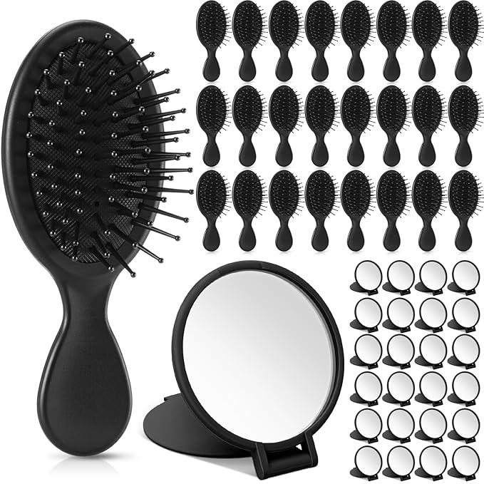 Meanplan 48 Pcs Mini Hair Brush Set 24 Travel Wet Dry Hair Combs Pocket Detangling 24 Compact Folding Makeup Mirrors for Spa Sleepover Birthday Bridal Shower Bachelorette Christmas Party Gift(Black)