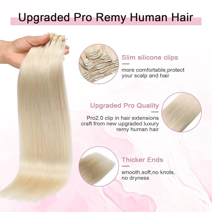 Pro2.0 Clip in Hair Extensions Real Human Hair 22inch 7pcs #60 Platinum Blonde Remy Real Hair Extensions Clip in Human Hair 120g Thick Double Weft for Women（#60-22inch）