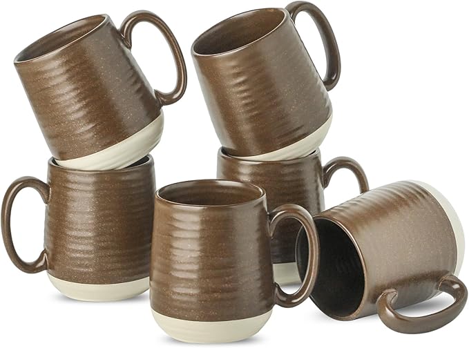 Hasense Coffee Cups Set of 6, 15 oz Stoneware Coffee Mugs with Big Handles, Modern Tea Cup for Indoor and Outdoor for Cocoa, Milk, Tea, Hot Chocolate, Soup, Valentine's Day Gifts, Brown