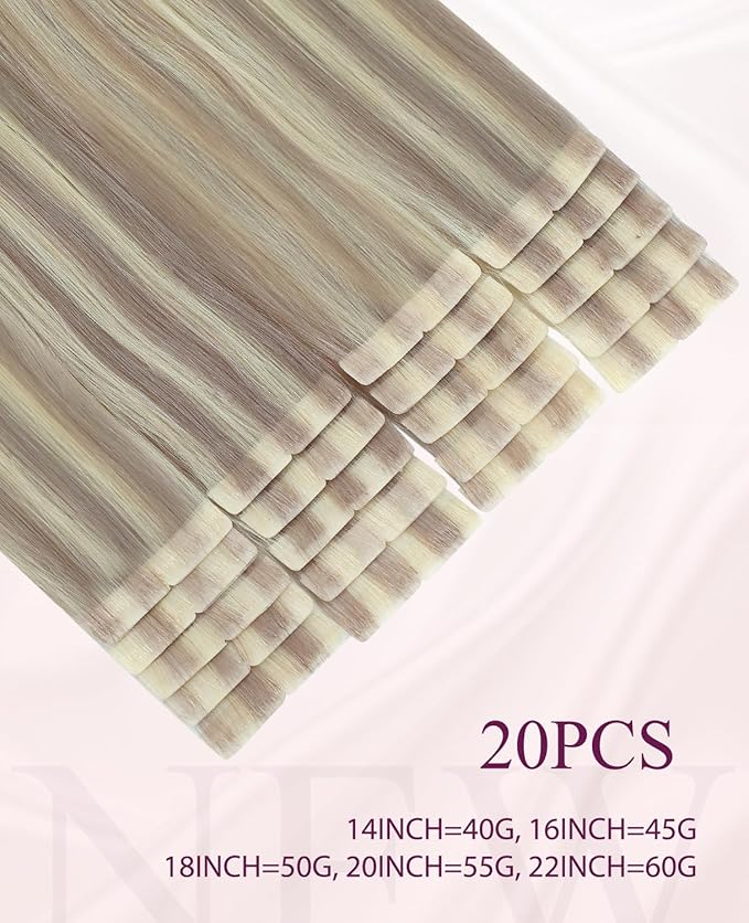 Pinkpearl Invisible Tape in Hair Extensions Human Hair, 20pcs 22inch 60g #18P60 Ash Blonde Highlighted Platinum Blonde Injection Tape in Extensions Real Remy Seamless Human Hair Injected