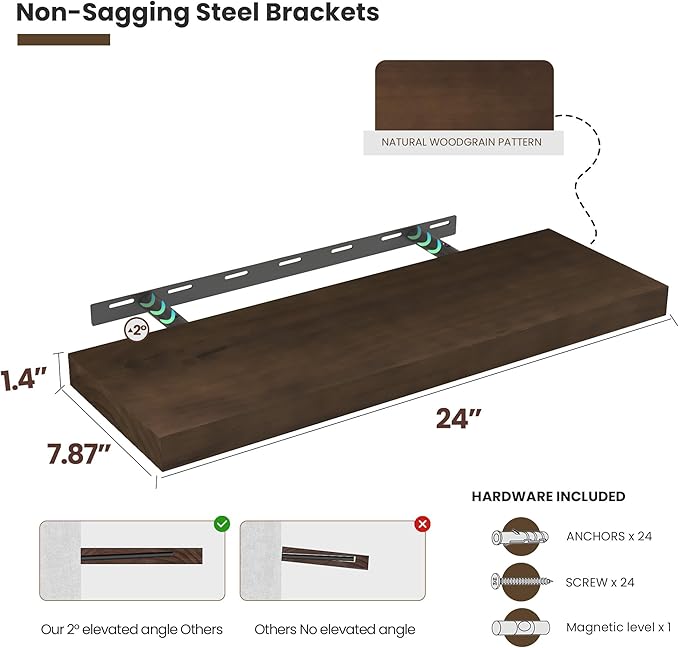 Wood Floating Shelves for Wall 24” x 8”x 1.4” Shelf Floating Rustic Farmhouse Decor, Heavy Duty Shelf Hold 60 lbs, Wall Shelves for Bathroom Living Room Kitchen Bedroom Office, 2 Packs Walnut