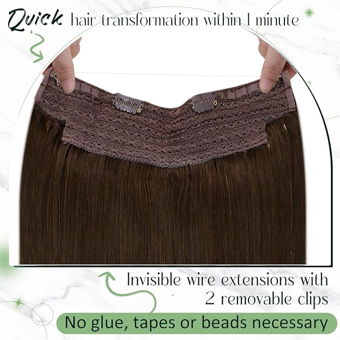 RUNATURE Invisible Wire Hair Extensions Brown 18 Inch 80g One Piece Fish Line Hair Extensions Real Human Hair Straight Smooth Hair No Shedding Easy to Install #4