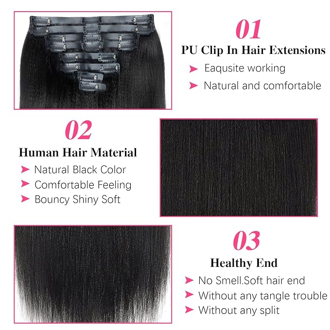 Seamless PU Yaki Straight Clip in Hair Extensions Real Human Hair For Women Invisible Yaki Straight Clip ins (20inch,#1B)