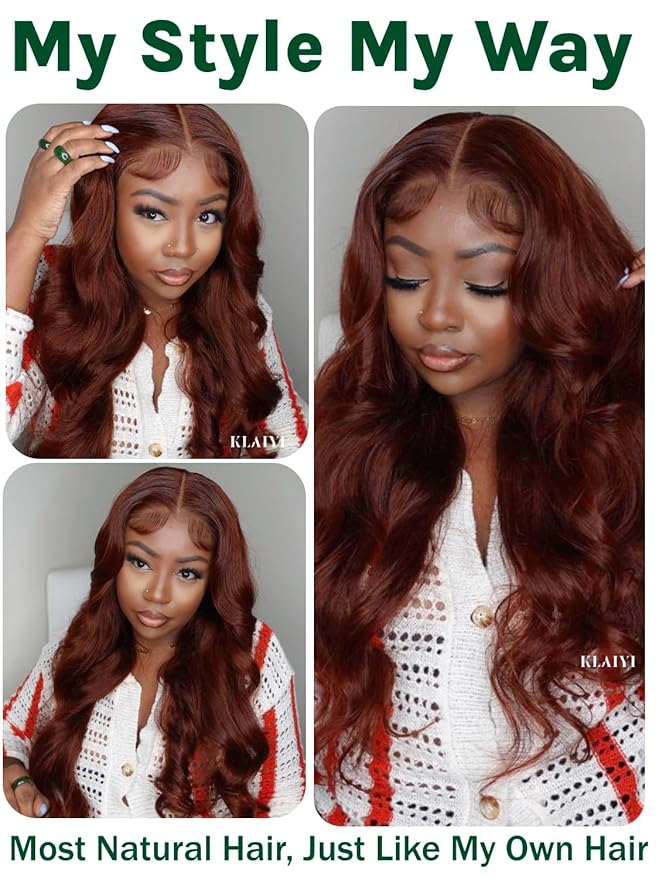 KLAIYI Bye Bye Knots Glueless Wig Reddish Brown Body Wave 7x5 Pre Cut HD Lace Front Wigs Human Hair Put On And Go Wig Pre Bleached Pre Plucked with Baby Hair 30S Ready To Wear 150% Density Full 22Inch