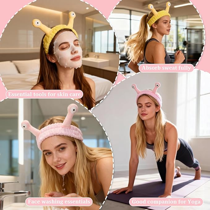Snail Face Wash Headband Skincare & Wrist Bands for Washing Face Set Cute Spa Headband for Women and Wrist Faces Wash Bands for Shower, Facial Cleaning, Soft Coral Fleece Makeup Headbands,Yellow＆Pink