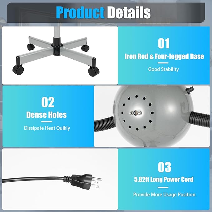 5 Head Infrared Heat Lamp 750W Portable Floor Salon Hair Dryer Adjusting Styling Perming Dryer Color Processor Styling Hair Hood Dryer (Grey)