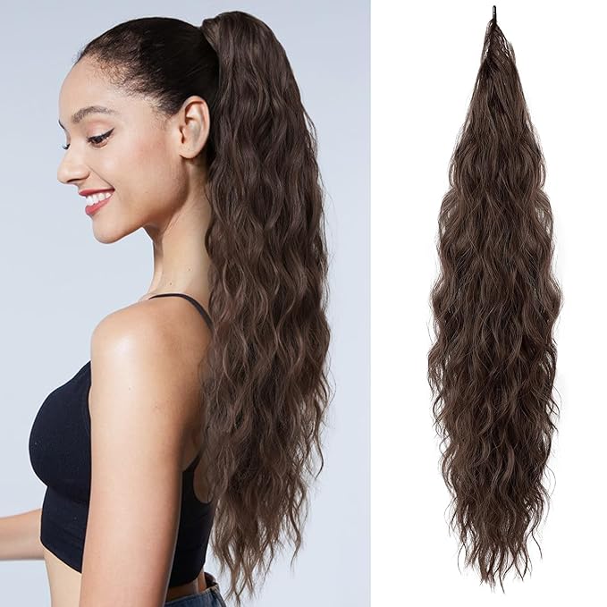 Flufymooz Ponytail Extension, Flexible Wrap Around Ponytail Extension, Long Wavy Curly Ponytail Hair Extensions, Natural Ponytail Synthetic Hairpiece for Women, 26 Inch (Dark Chocolate Brown)