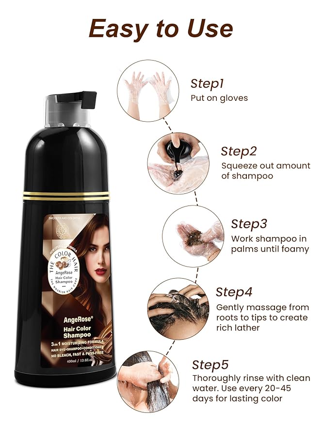 Chestnut Brown Hair Dye Shampoo 3 in 1, Natural Hair Dye to Cover Gray Hair, 400 ML