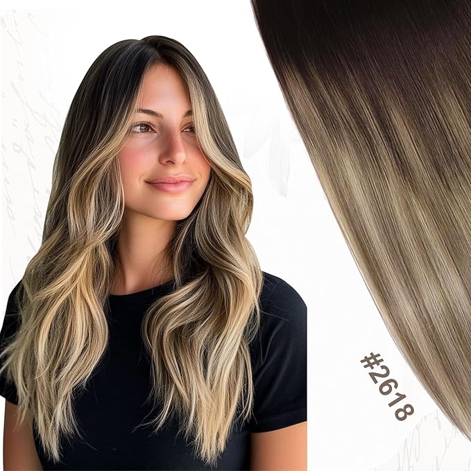 XDhair Clip in Hair Extensions Human Hair 100g 16inch 6pcs Blayage Dark Brown to Dirty Blonde Remy Real Human Hair Clip in Hair Extensions 16inch #2/6/18