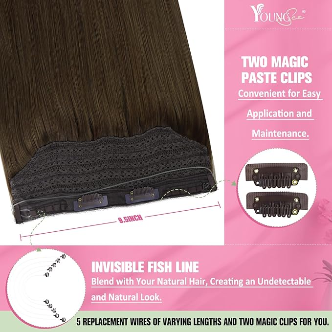 YoungSee Invisible Wire Hair Extensions Real Human Hair Brown Wire Hair Extensions Brown Fish Line Hair Extension Human Hair Add Length and Volume 20 Inch 100g