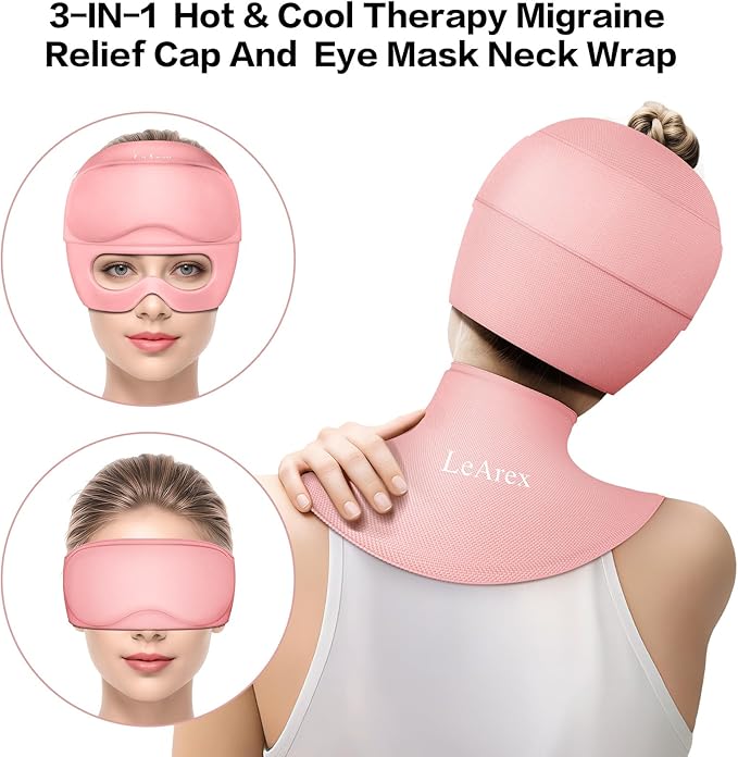 Migraine Relief Cap and Neck Ice Pack Wrap with Ice Eye Masks,3 in 1 Detachable Hot and Cold Therapy Headache Relief Cap for Headaches, Stiff Neck,Eye Fatigue, Tension and Pain Pink