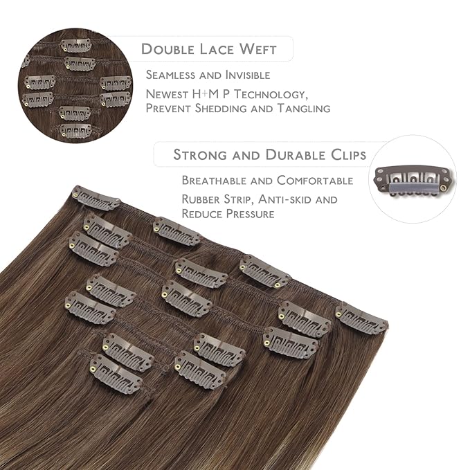 WENNALIFE Clip in Hair Extensions Real Human Hair, 14 Inch 120g 7pcs Balayage Chocolate Brown to Honey Blonde Hair Extensions Clip in Human Hair Remy Clip in Hair Extensions Real Human Hair