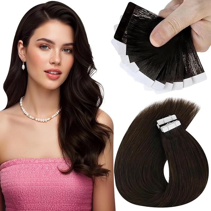 Sunny Hair Tape in Hair Extensions Real Human Hair Invisible Remy Hair Extensions Tape ins for Women Darkest Brown 14 inch 25G