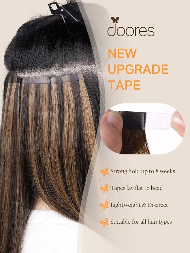 DOORES Tape in Human Hair Extensions, Natural Black 16 Inch 40pcs 100g, Real Hair Extensions Tape in Real Hair Glue in Extensions Skin Weft Silky Straight Hair for Women