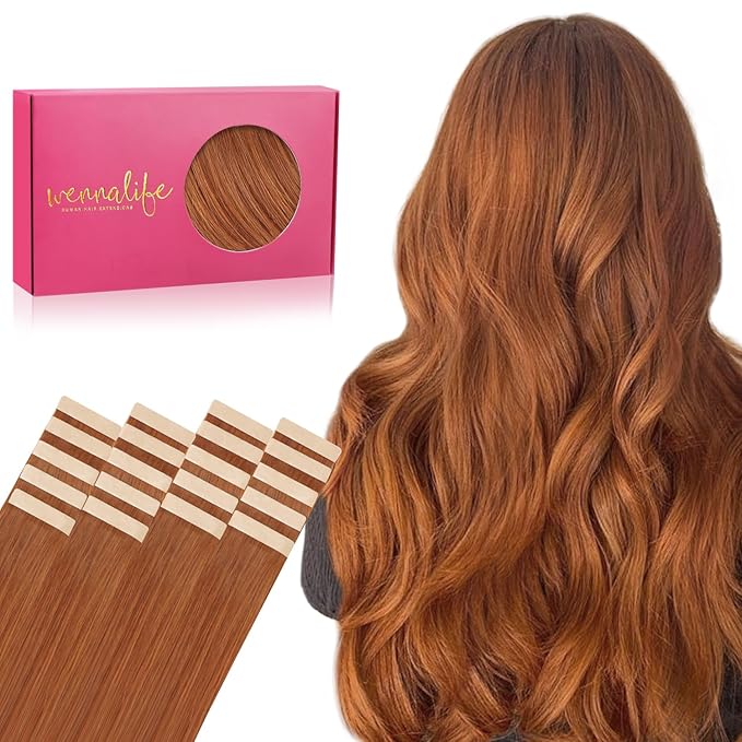 WENNALIFE Tape in Hair Extensions Human Hair, 20pcs 40g 12 inch Dirty Ginger Remy Hair Extensions Straight Human Hair Tape in Extensions Skin Weft Tape Extensions Human Hair