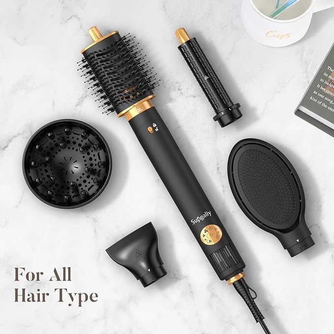Air Styler 5 in 1, Hair Dryer Brush & Multi-Styler with 110,000 RPM High-Speed Powerful Motor, Auto-Wrap Curler, Cushion Massager, Oval Brush, Diffuser, Nozzle Attachment