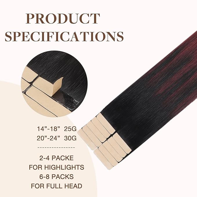 GOO GOO Tape in Hair Extensions Human Hair, 1/99 Balayage Jet Black to Red, 18inch 25g 10pcs, Skin Weft Seamless Invisible, Silky Straight with Thick Ends, Remy Human Hair