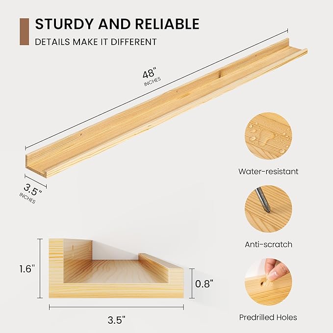 Picture Ledge Shelf, Solid Pine Wood Floating Shelves Set of 2, 48 Inches Nursery Book Shelves for Toys Storage, Kids Bookshelf Wall Mounted for Living Room Bedroom Decor Books Photo Frames, Natural
