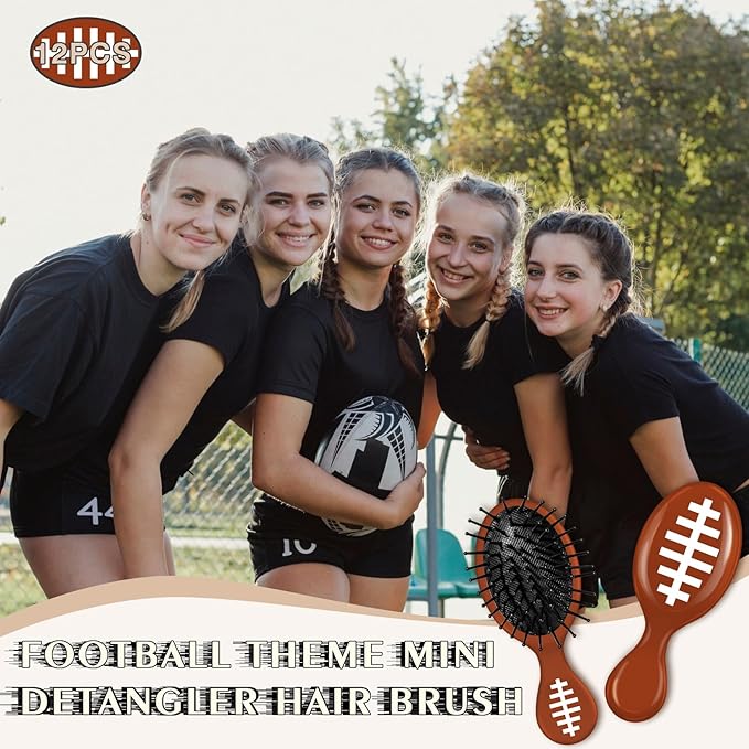 12 Pcs Football Mini Detangler Brush, Mini Travel Hair Brush, Bristles Plastic Detangling Brush, No Tangle Soft Flexible Bristles for Straight, Curly, Thick Hair for Football Team Gift Sport Party