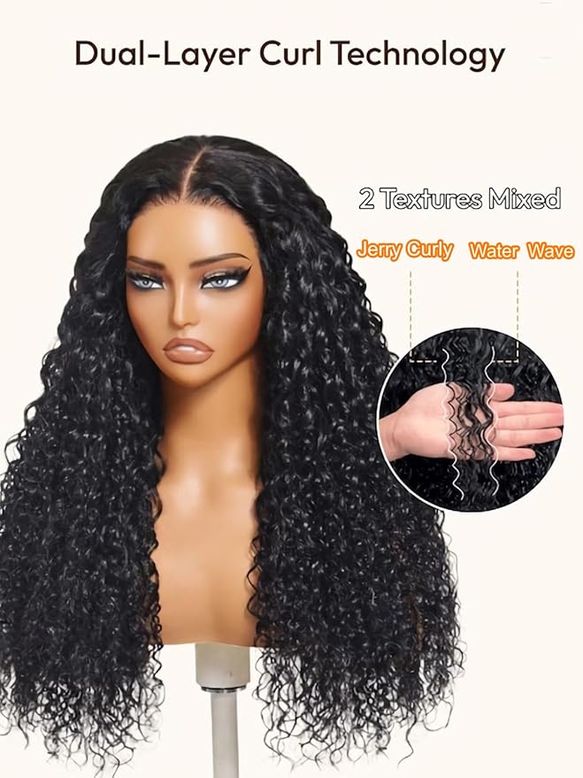 Julia Hair Bye Bye Knots Wig 13x4 Glueless Wigs Human Hair Mixed Curls Water Wave and Jerry Curly Fluffy Wig Pre Everything Pre Plucked Pre Cut HD Lace Bleached Knots Natural Black 20 Inch