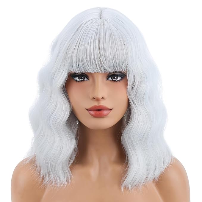 BERON 14 Inches Silver White Wig with Bangs for Women Short Curly Synthetic Wig Hairnet Included