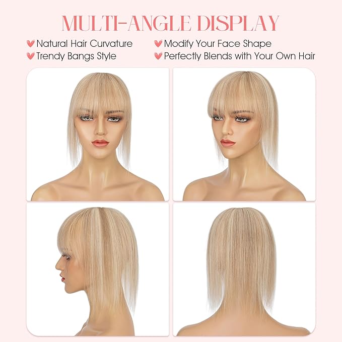 Hairro Mono Hair Toppers with Bangs, 3.4" x 3.4" Mono Base 100% Real Human Hairpieces for Women, 150% Density Clips In Topper for Greyish Thinning Hair, 16 Inch Golden Brown Mix Bleach Blonde