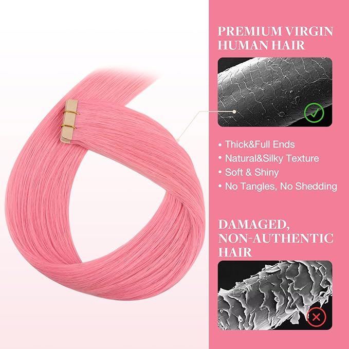 GOO GOO Tape in Hair Extensions Human Hair, Peach Pink, 10inch 20g 10pcs, Colored Tape ins Human Hair Extensions, Silky&Soft Invisible Tape Ins, Hair Highlighted for Party