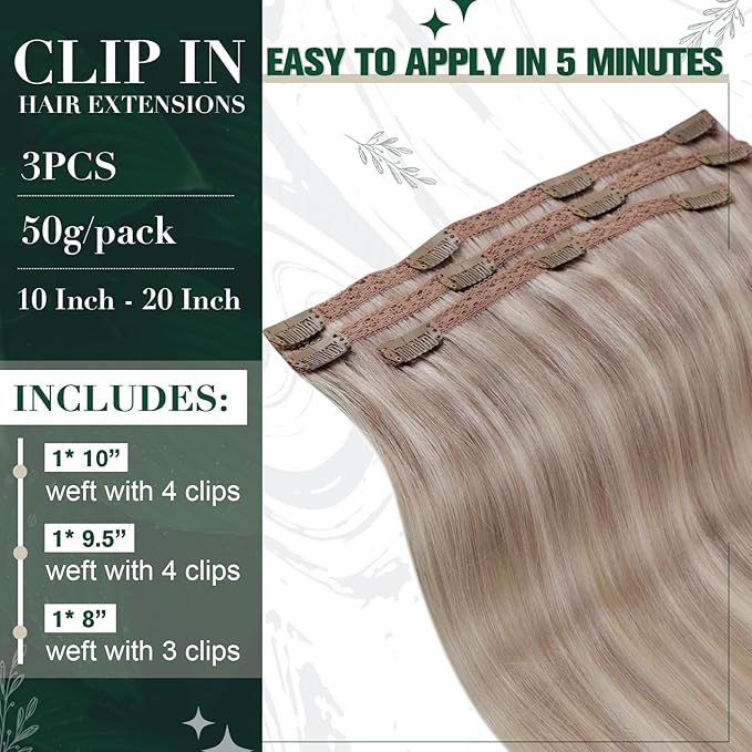 RUNATURE Clip in Hair Extensions Real Human Hair, Blonde Hair Extensions Clip Ins, Double Weft Human Hair Clip in Extensions, Remy Natural Hair, 16 Inch 50g 3pcs #19P60 Grey Blonde Highlights